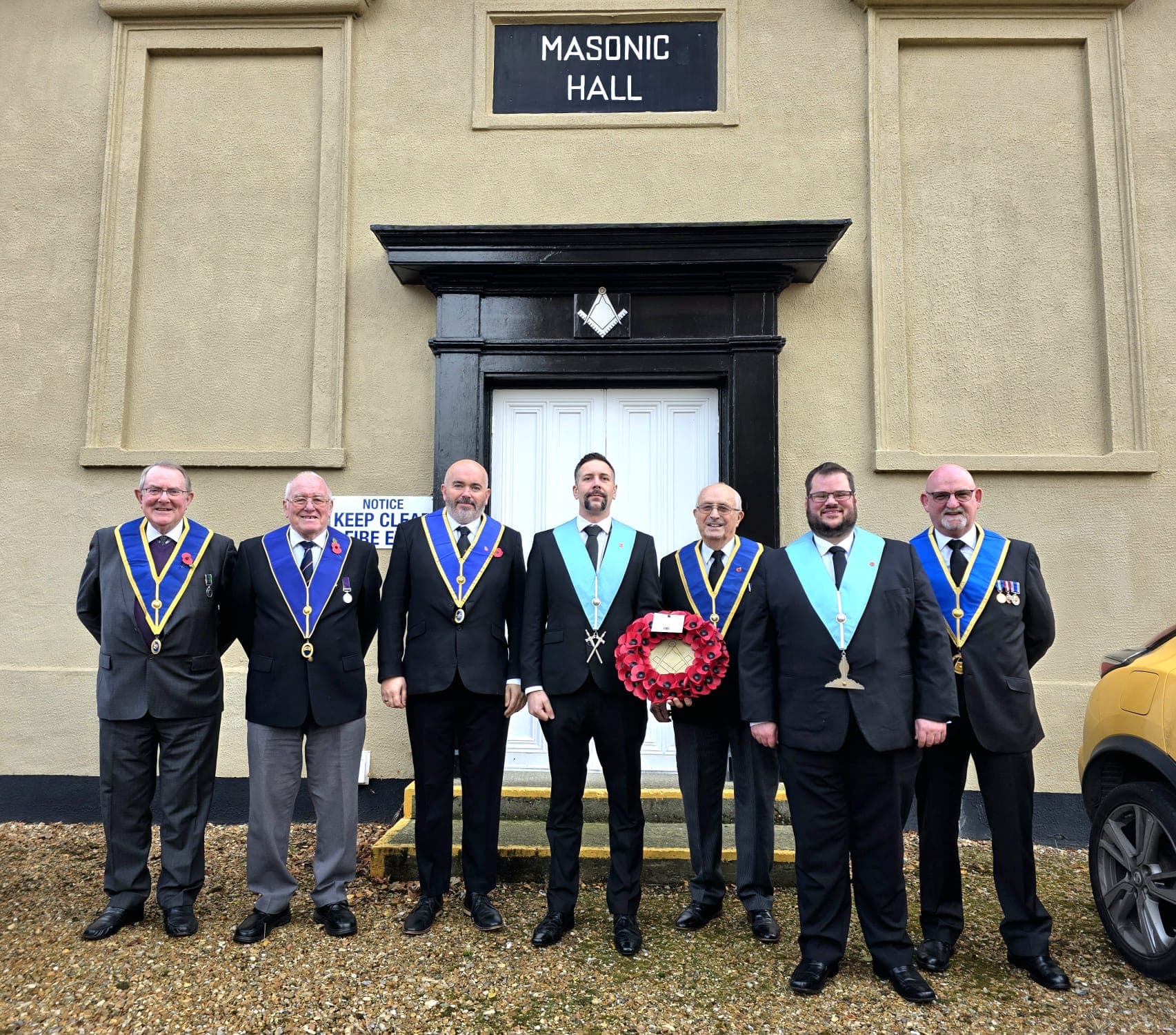 Members of St Winnold Lodge No. 3955 outside the Masonic Hall, Downham Market