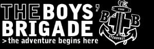 The Boys Brigade logo with tagline 'the adventure begins here' in white text on black background